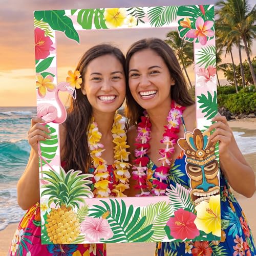 Beeveer 32 x 24 Inch Large Summer Luau Photo Booth Frame Hawaiian Friends Selfie Picture Props for Tropical Tiki Birthday Baby Shower Bridal Shower Wedding Decorations - style: Hawaii Style