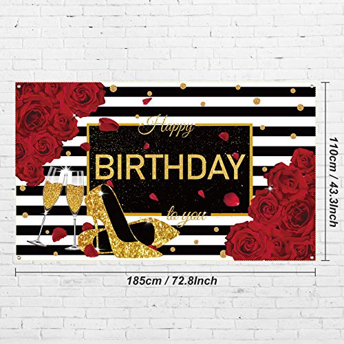 Sumind Happy Birthday Backdrop Red Glitter Roses Party Decor Black White Stripes Banner Gold High Heels Champagne Glass Photography Background for Women Birthday Party Supplies, 72.8 x 43.3 Inch