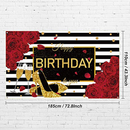 Sumind Happy Birthday Backdrop Red Glitter Roses Party Decor Black White Stripes Banner Gold High Heels Champagne Glass Photography Background for Women Birthday Party Supplies, 72.8 x 43.3 Inch
