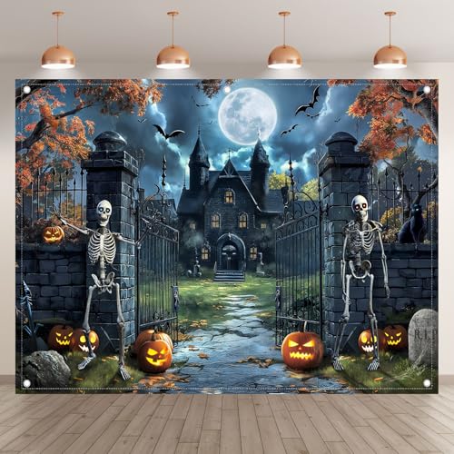 8x6ft Fabric Castle Halloween Backdrop Full Moon Night Scary Skeleton Pumpkin Bat Haunted House Photography Background Spooky Party Decor Photo Props - size: 8'x6'