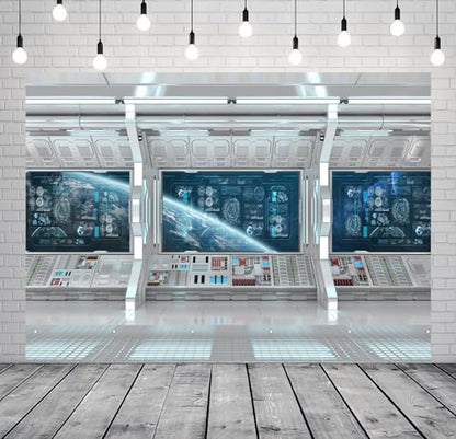 BELECO 15x8ft Fabric Spaceship Backdrop Futuristic Science Fiction Spacecraft Cabin, Universe Outer Space Earth Planet Background Space Station Party Decorations Photo Booth Shoot Studio Props - size: 15x8ft