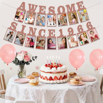 Pre-strung Awesome Since 1966 Photo Banner Birthday Decorations for Women- Pink Rose Gold Glitter 60th Birthday and Anniversary Decorations Party Supplies - style: Pink Rose Gold 60th