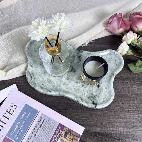 WneFu Choiziic Natural Decorative Tray, Cloud Shape, 9.8x6.1x0.62 Inches, Modern Style, Polished Finish, Bathroom Kitchen Counter Vanity Organizer with Anti-Slip Mad (Green-Marble-P) - color: Gree-marble-gloss）