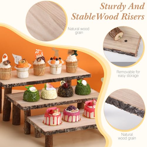 Jetec 11 Pcs Wood Cake Stand Rectangular Round Rustic Wedding Cake Holder Tray with Wooden Slice Toppers and Cutter for Wedding Reception Party Event
