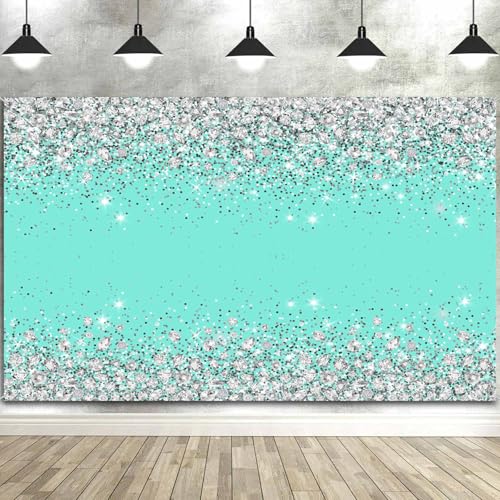 7x5FT Glitter Silver and Turquoise Backdrop Blue Shinning Diamond Happy Birthday Party Bridal Shower Wedding Decorations Banner Photography Background Photo Shoot Props - color: Turquoise, size: 7X5FT