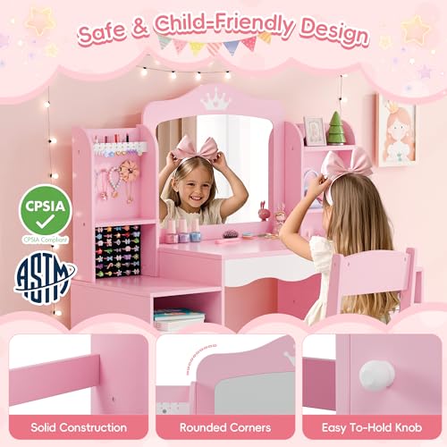 MU Kids Vanity, Girl Vanity Set with Mirror and Stool, 2 in 1 Toddler Makeup Vanity Table with Jewelry Storage, Wooden Princess Makeup Desk Dressing Table for Little Girls, (Pink) - color: Pink