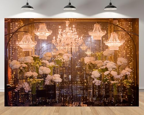 5x4ft Luxury Crystal Chandelier Backdrop with White Floral Arrangements Warm Lights & Glamorous Decor Romantic Background for Wedding Birthday Event Decor Photo Studio Booth Props - size: 5x4ft