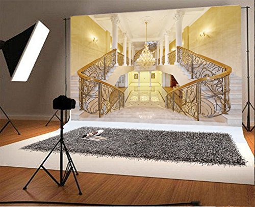 Leowefowa 9x6ft Castle Backdrop Luxurious Golden Palace Elegant Stair Droplight White Pillar Marble Floor Interior Wedding Vinyl Photography Background Kids Adults Photo Studio Props - size: 9x6ft