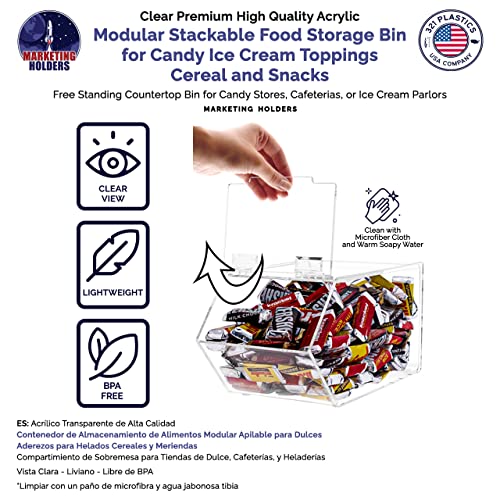Marketing Holders Small Food Storage Bin with Hinged Lid for Ice Cream Toppings 5" x 9" Candies Nuts Granola Cereal and Wrapped Snacks Clear Acrylic - size: Candy Bin-Small