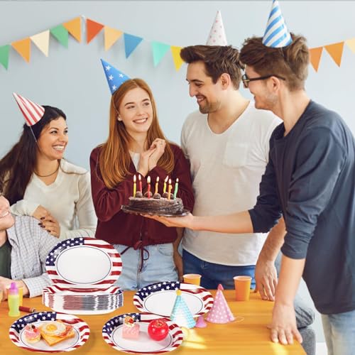 50Pcs Patriotic Oval Paper Plates 10" X 12" Large Heavy Duty 250 Anniversary American Flag Disposable Plates 4th of July Red Blue and White Platters for President Memorial Independence Day Supplies - style: 4th of July Oval Kit
