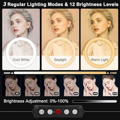 10.3" Selfie Ring Light with Stand and Phone Holder, 73" Tripod, 96 RGB Lighting Modes, Remote for iPhone &Android Camera. LED Halo Light for Photo, Video Recording, TikTok. Circle Ringlight Dimmable - size: 10.3 inch - 29 RGB Lighting Modes