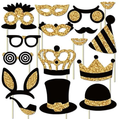 16 PCS Birthday Photo Booth Props Kit, Black & Gold Party Photo Booth Props Set, Easy-to-Assemble DIY Party Shooting Props, Birthday Selfie Props, Prom Photo Booth Prop for Women, Girls - color: 16pcs Photo Booth Props Kit