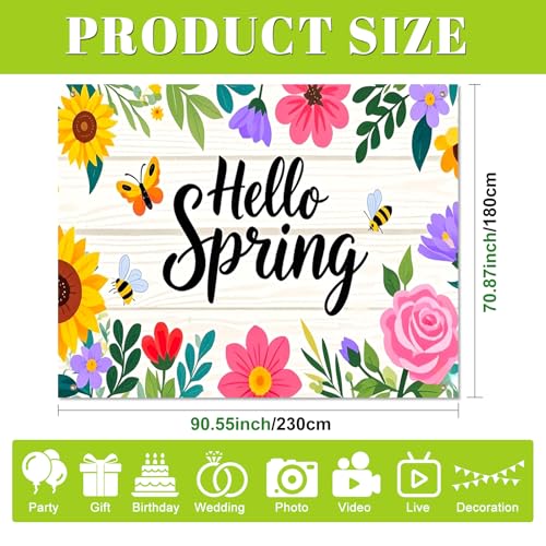 BlissYard Hello Spring Backdrop Decoration Floral Garden Banner 8x6ft Spring Photo Backdrop Flower Background for Spring Party Easter Celebration Photo Booth Kids Event Wall Display - color: Hello Spring Backdrop#06