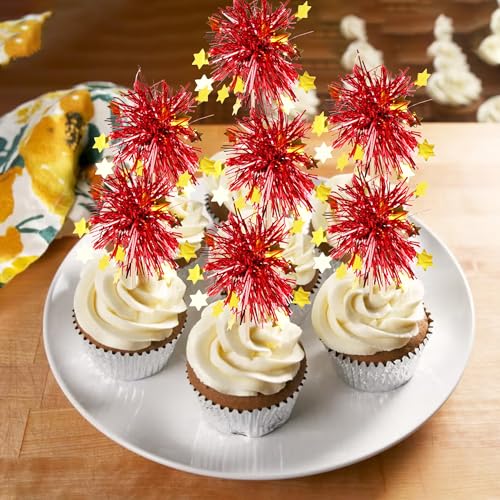 30 PCS Foil Firework Cupcake Toppers Happy Birthday Star Cupcake Picks Sparkle Tinsel Drink Stirrers Cocktail Fruit Toothpicks for Valentine's Day Wedding Birthday Party Decorations Supplies Red - color: B-red