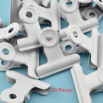HAHIYO 1.25inch White Bulldog Clips Metal File Hinge Binder Clips Clamps Save Space Strong Spring Jaws Rock Solid Grip Book Lay Flat Deburred Edge for Hang Photos Wall Grid Dog Food 20PCS - size: White-1.25in-20P
