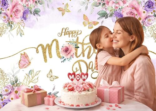 7x5ft Happy Mother's Day Backdrop – Floral Photography Background with Gold Dots, Mother's Day Photo Booth Banner for Women, Mom Birthday or Party Decor 068 - size: 7x5ft