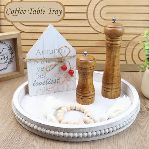 Round Wood Serving Tray with Beads, White Washed Wooden Decorative Tray for Entertaining, Decoration, and Gifting - color: Washedwhite Y1, size: 13"
