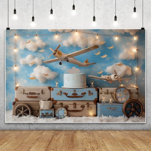 YongFoto Travel Adventure Aircraft Backdrop 5x3ft Cute Clouds Sky Airplane Photography Background Adventure Awaits Baby Shower Boy 1st 2nd Birthday Party Banner Kids Portraits Photoshoot Wallpaper - color: Style 7, size: 5ftx3ft