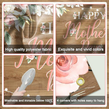 Avezano Happy Mother's Day Banner Floral Wood Mothers Day Backdrop Happy Mothers Day Party Decorations Thanks Mother's Day Photo Booth Props 6x3.6ft