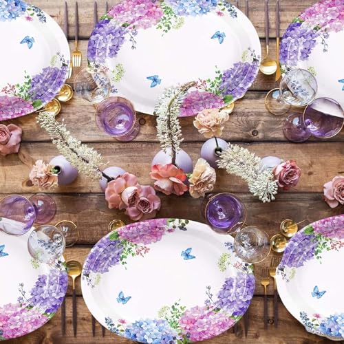 50Pcs Hydrangea Flowers Oval Paper Plates Large 10"x12" Blue Purple Pink Hydrangea Floral Plates Disposable Heavy Duty Flower Plates for Spring Wedding Bridal Baby Shower Decoration Tea Party Supplies - style: 50Pcs Hydrangea Oval Plates