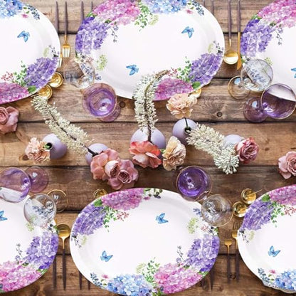 50Pcs Hydrangea Flowers Oval Paper Plates Large 10"x12" Blue Purple Pink Hydrangea Floral Plates Disposable Heavy Duty Flower Plates for Spring Wedding Bridal Baby Shower Decoration Tea Party Supplies - style: 50Pcs Hydrangea Oval Plates