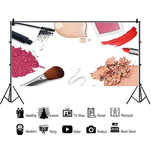 AOFOTO 20x10ft Fashion Makeup Set Backdrop Trendy Girl Beauty Photography Background Cosmetics Blogger Live Video Banner Powder Brush Lipstick Eyeshadow Skincare Tools Photo Studio Props Wallpaper - size: 20x10ft