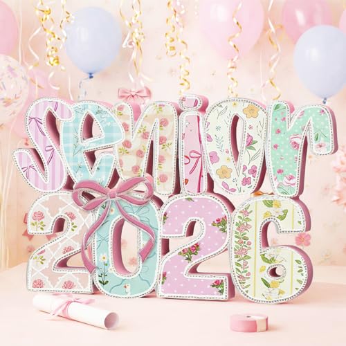 BreezeHug Large Senior 2026 Sign Table Decoration 2026 Graduation Senior Night Photo Booth Props Coquette Pink Bow Graduation Wooden Table Sign with Pastel Floral for Grad Prom Party Centerpieces - color: Pastel, style: Floral
