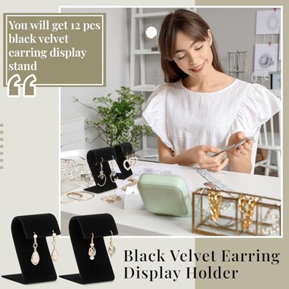 RattanView 12 Pieces Velvet Earring Display Stand Necklace Pendant Jewelry Stand Showcase Organizer Display Holder for Earring Pendant Accessory Rack(Black,Curved Style,Velvet) - color: Black, style: Curved Style