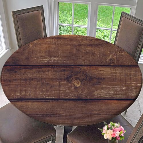 Winter Wooden Round Fitted Tablecloth Old Wood Dark Brown Texture Background Elastic Fitted Table Covers for Outdoor Indoor Fit for Diameter 38.2-42.1" Round Table, Style 257 - color: Wooden Texture 6, size: 50" (Round)