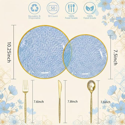 I00000 150Pcs Clear Blue Plastic Plates with Gold Rim,Blue Disposable Plates,Clear Hammer Patterned Disposable plates Set include 30 Dinner Plate,30 Dessert Plate,90 plastic Silverware Set for Party - color: Clear Blue