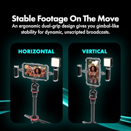 Movo IRL-PRO Wireless Vlogging & Streaming Kit for IRL Streamers – Dual Lav Mics, Stabilizer Cage, LED Light & Cold Shoe Mounts – Mobile Live Streaming Rig for Twitch, Kick & YouTube Live