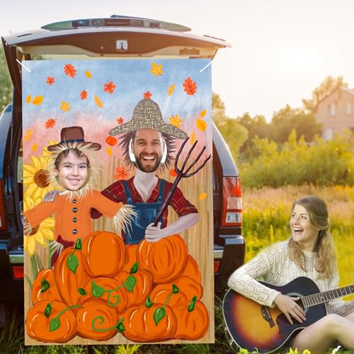 Thanksgiving Photography Backdrop Pumpkin Photo Background Fall Harvest Decor Autumn Events Photo Props Scarecrow Fall Party Festival Supplies Trunk or Treat Car Decorations with Rope, 60 x 40 Inch