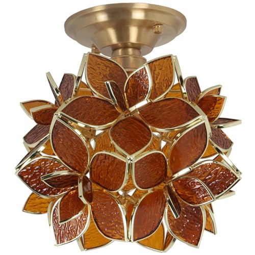 Bieye L11010 Flower Petals Tiffany Style Stained Glass Close to Ceiling Light for Home Decor (Textured Amber, 8" Rose Lily) - color: Textured Amber, size: 8" Rose Lily
