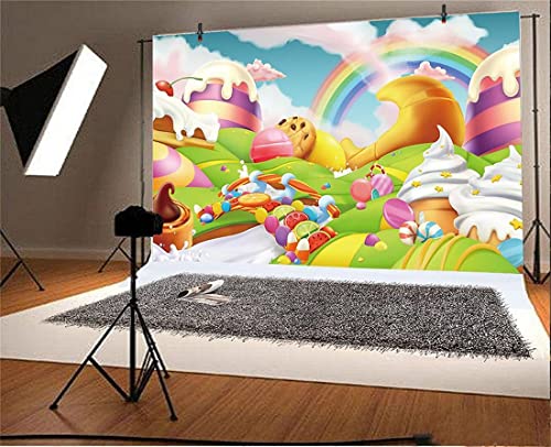 AOFOTO 15x10ft Candyland Backdrop Fantasy Giant Lollipop Candy Land Candy Themed Party Decorations Banner Cartoon Rainbow Ice Cream Dessert Shop Decor Background Kids Baby Birthday Photoshoot Props - size: 15x10ft