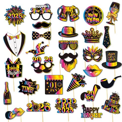 30 Pcs Happy New Year Photo Booth Props 2026 Eve Party Supplies Holiday Celebrations Funny Table Decorations Accessories