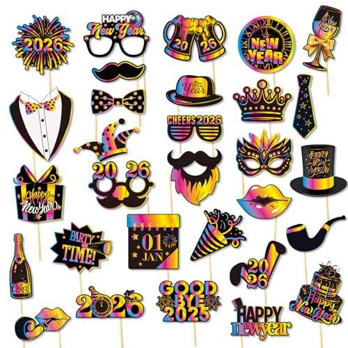 30 Pcs Happy New Year Photo Booth Props 2026 Eve Party Supplies Holiday Celebrations Funny Table Decorations Accessories