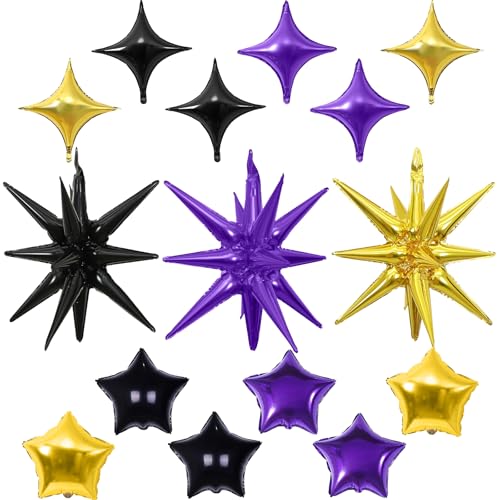 Star Balloons, 22in Purple Black and Gold Star Balloons Foil 10in 4-Pointed & Pentagram Balloon for Graduation Halloween New Year Birthday Party Decorations - color: Black Purple Gold