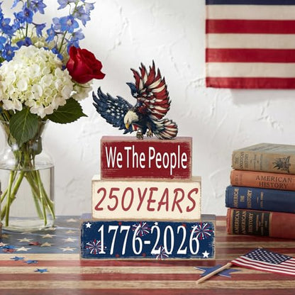 GlikCeil 4 Pcs 250th Anniversary Table Decoration 4th of July Tiered Tray Decor Eagle Patriotic Wooden Block Sign 1776-2026 Independence Day Centerpiece Rustic Star Tabletop Eagle Decor for Indoor - style: Eagle