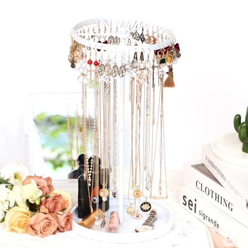 360 Rotating 2-Tier Jewelry Organizer Stand, Large Earring Holder Organizer with 48 Holes for Studs，24 Prongs for Necklaces, Wide Base for Bracelets, Watches, Lipstick, Jewelry Display Stand for Women - color: Metal,2-Tier,White