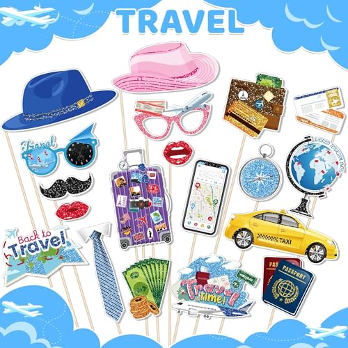 25Pcs Travel Photo Booth Props with Stick, Adventure Awaits Theme Selfie Props, Bon Voyage Birthday Party Supplies, Around The World Photography Backdrop Decorations