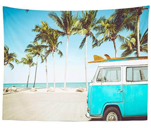 BELECO 7x5ft Fabric Tropical Beach Backdrop Vintage Car in Beach with Surfboard Surfing Backdrop Summer Hawaii Surf Photography Backdrop for Luau Party Decoration Birthday Photoshoot Photo Props - size: 7x5ft