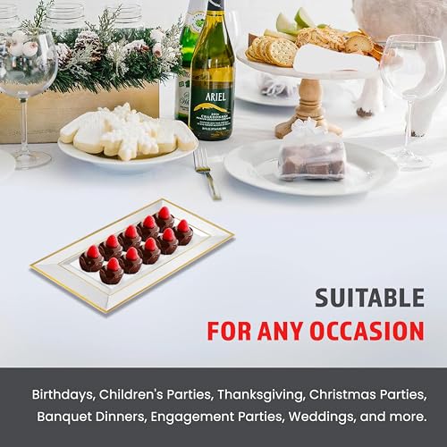 Plastic Serving Tray & Platter Set White Gold Rim Disposable Serving Trays & Platters for Food: Versatile for Appetizers and Ideal for Weddings and Hosting 8 x 13 inches - (6 Pack) - color: White Gold Rim, size: 6 Pack