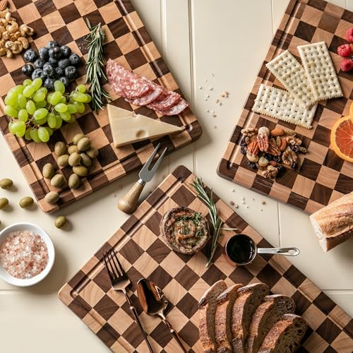 THETCHRY Cutting Boards for Kitchen, Checkered Cutting Board Upgraded, Acacia Wood Chopping Board with Juice Grooves & Handles, Large Butcher Block Serving Tray with Gift Box, 17"X12"X0.8" - size: 17"L x 12"W