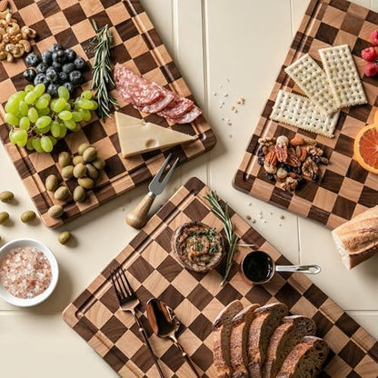 THETCHRY Cutting Boards for Kitchen, Checkered Cutting Board Upgraded, Acacia Wood Chopping Board with Juice Grooves & Handles, Large Butcher Block Serving Tray with Gift Box, 17"X12"X0.8" - size: 17"L x 12"W