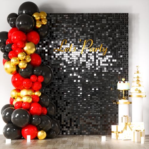 COKAOBE Black Shimmer Wall Backdrop, 24PCS Square Sequin Shimmer Backdrop Panel, Photo Backdrops for Birthday, Anniversary, Wedding, Graduation & Bachelorette Party Decoration - color: Black, size: 24pcs (6x4ft)