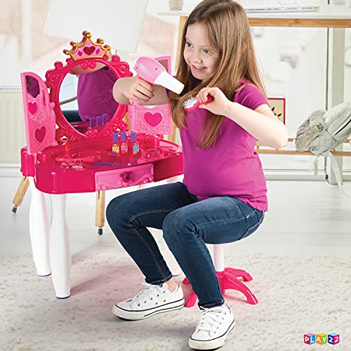 Play22 Pretend Play Girls Vanity Set with Mirror and Stool 21 PCS - Kids Makeup Vanity Table Set with Lights and Sounds - Includes Fashion Hair & Makeup Accessories