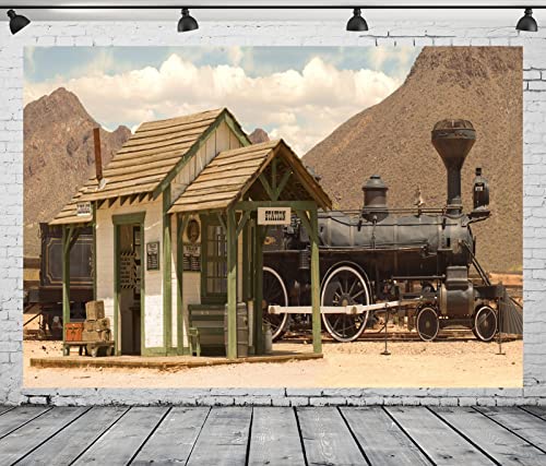 BELECO 5x3ft Fabric Old West Train Station Photography Backdrop Western Vintage Locomotive Antique Train Luggage Storage Background Wild West Cowboys Party Decor Portrait Photoshoot Studio Props - size: 5x3FT