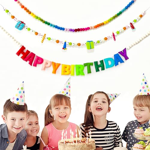 3Pcs Pre-Strung Happy Birthday Banner with Wool Balls, Rainbow Party Decorations, Reusable Happy Birthday Felt Ball Garland, Personalized Holiday Sign for Birthday Party Decor, Home Classroom Decor, Photo Prop (Birthday Banner + Felt Garland + Rainbow Bal