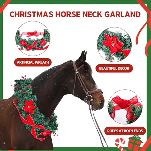 Dingion Christmas Wreath Horse Christmas Horses Neck Garland 16.9 Inches Artificial Outdoor Garland Horse Costume Rustic Farmhouse Decor for Xmas Holiday Party Parades Supplies(Berry Poinsettia Style) - style: Berry Poinsettia Style