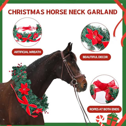 Dingion Christmas Wreath Horse Christmas Horses Neck Garland 16.9 Inches Artificial Outdoor Garland Horse Costume Rustic Farmhouse Decor for Xmas Holiday Party Parades Supplies(Berry Poinsettia Style) - style: Berry Poinsettia Style